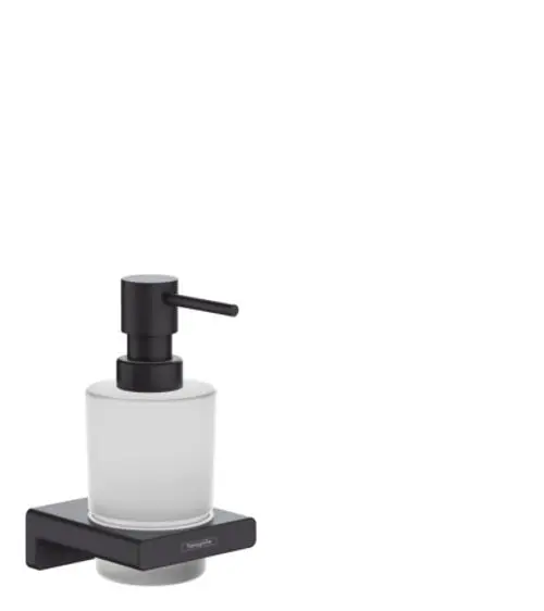 Lotionspender von Hansgrohe mit mattschwarzem Pumpkopf und transparentem Behälter, montiert auf schwarzem Halter. Ideal für Badezimmeranwendungen.